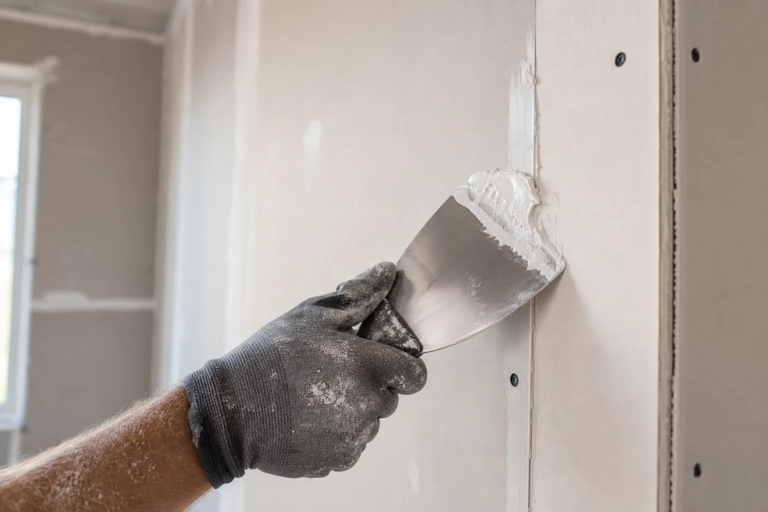 Spachtelarbeiten an einer Trockenbauwand